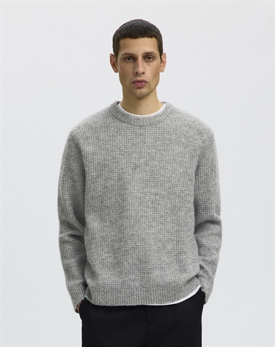 Selected - SLMRai Waffle Crew Strik - Light Grey Melange 